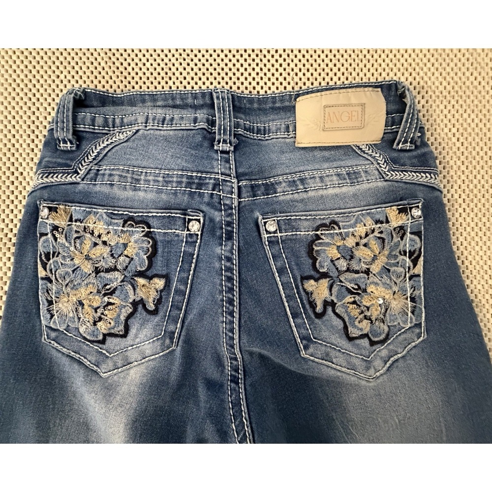 Y2K Angels Jeans Size 3/24 Low Rise Flare Leg Embroidered Thick Stitch Stretch